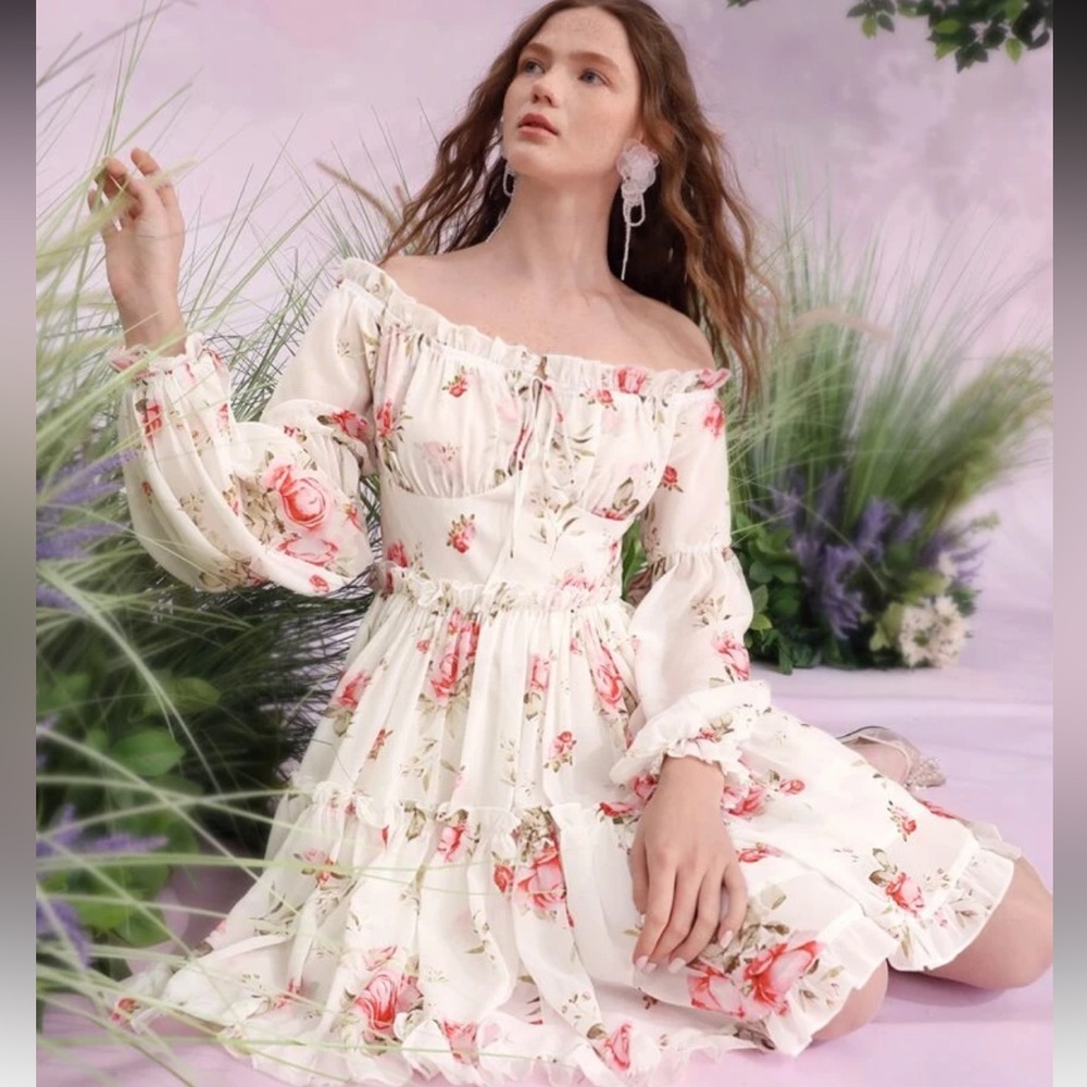 SHEIN Cream and Pink Floral Long Sleeve Dress